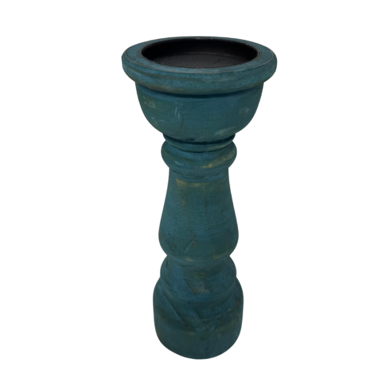 10" Turquoise Wood Pillar Candle Holder