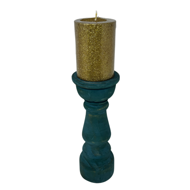 10" Turquoise Wood Pillar Candle Holder