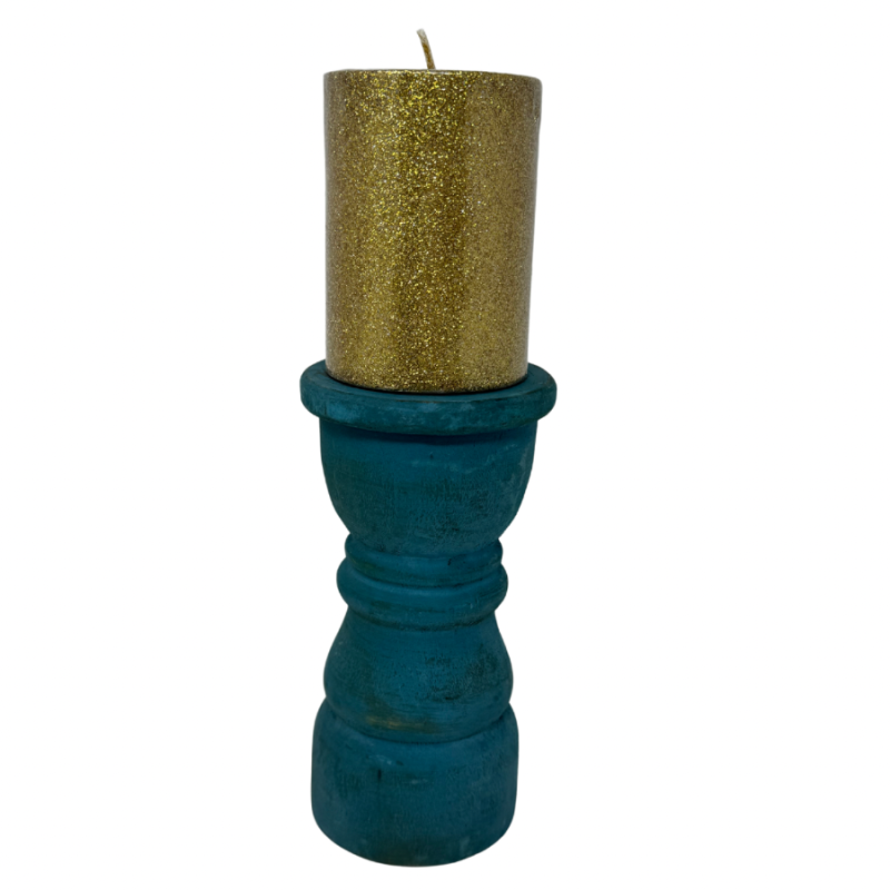 8" Turquoise Wood Pillar Candle Holder