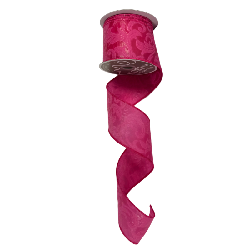 2.5" x 10yd Leaf Filagree Ribbon-Fushia