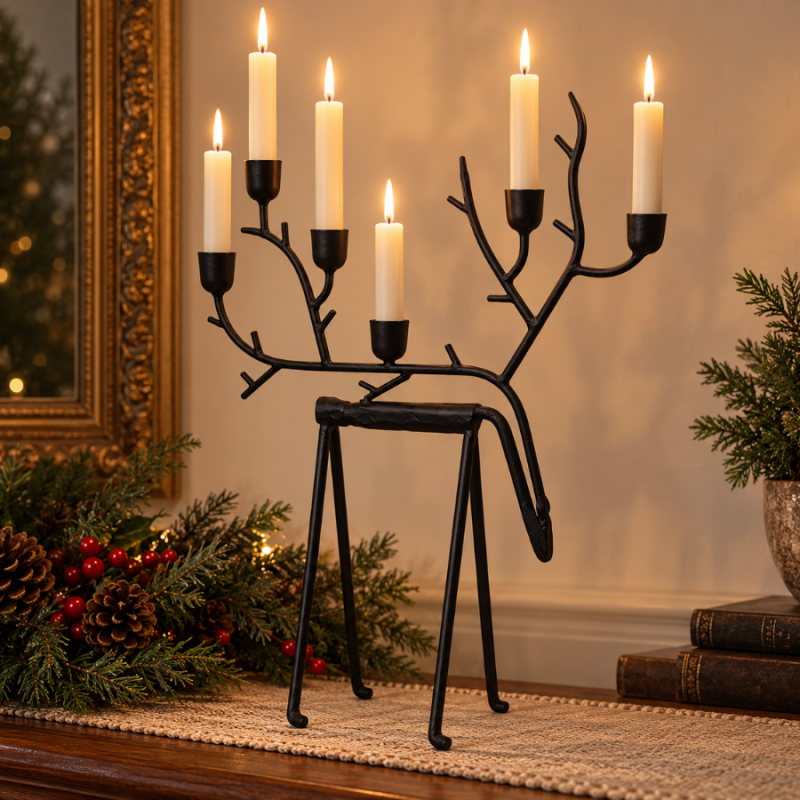 22" Black Iron Reindeer Candlestick Holder