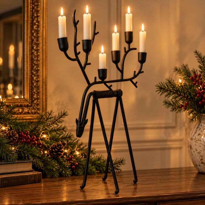 19" Black Iron Reindeer Candlestick Holder