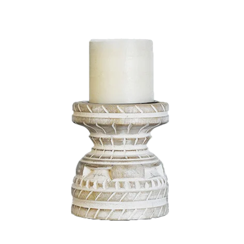 5" Carved Wood Candle Holder