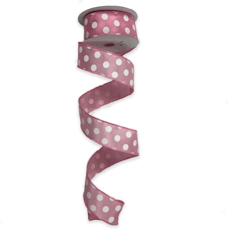 1.5" x 10yd Pink w/White Polka Dot Satin Ribbon