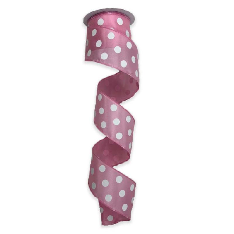 2.5" x 10yd Pink w/White Polka Dot Satin Ribbon