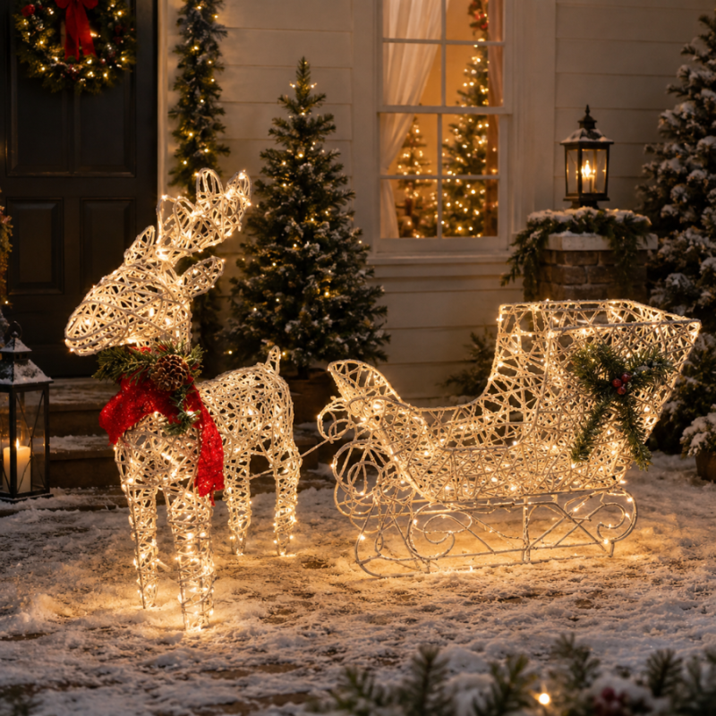 Pre-lit Reindeer & Sleigh - White