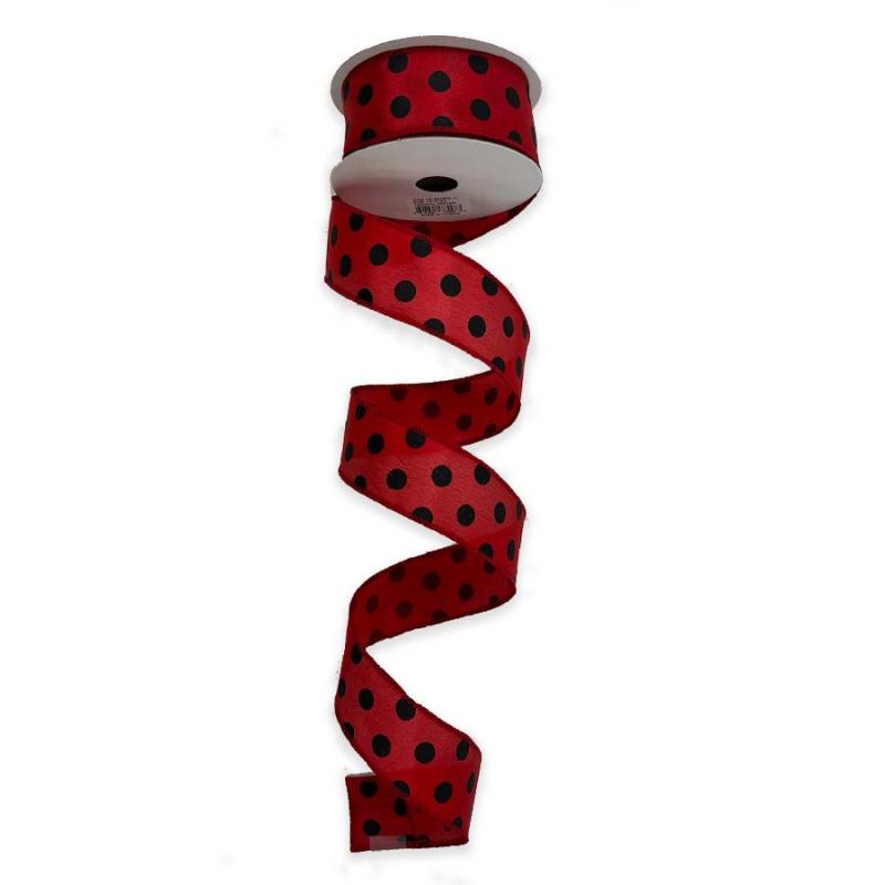 1.5" x 10yd Red w/Black Polka Dot Satin Ribbon