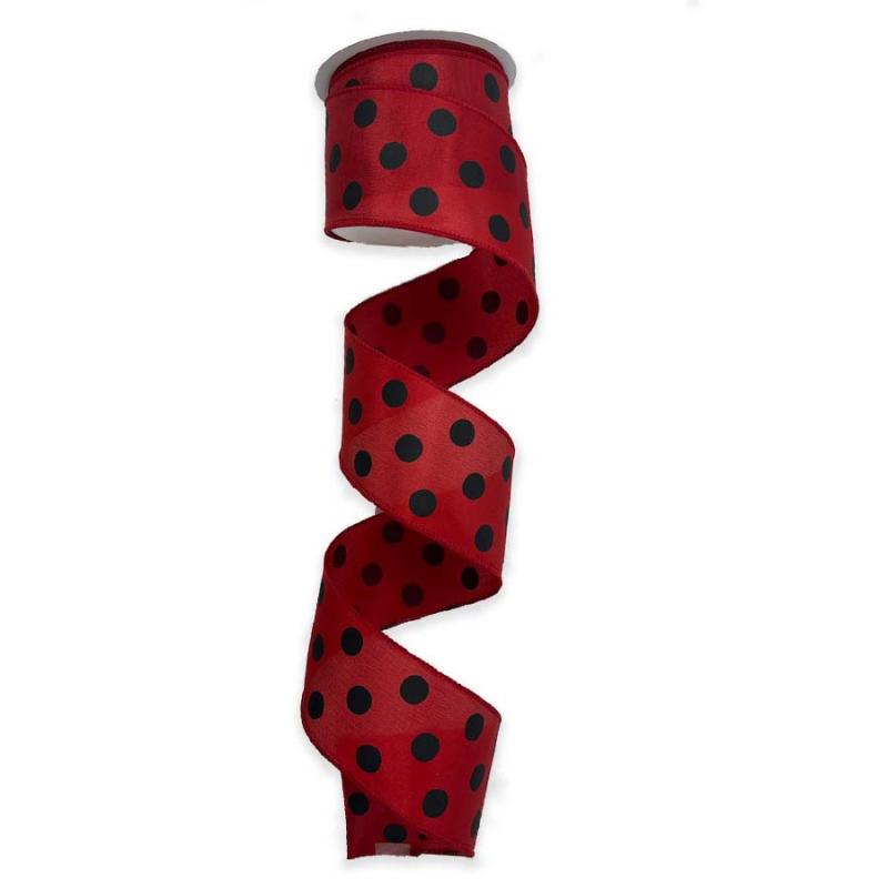 2.5" x 10yd Red w/Black Polka Dot Satin Ribbon