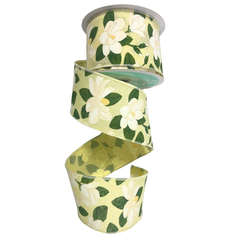 2.5" x 10yd Painted Magnolias on Yellow Ribbon