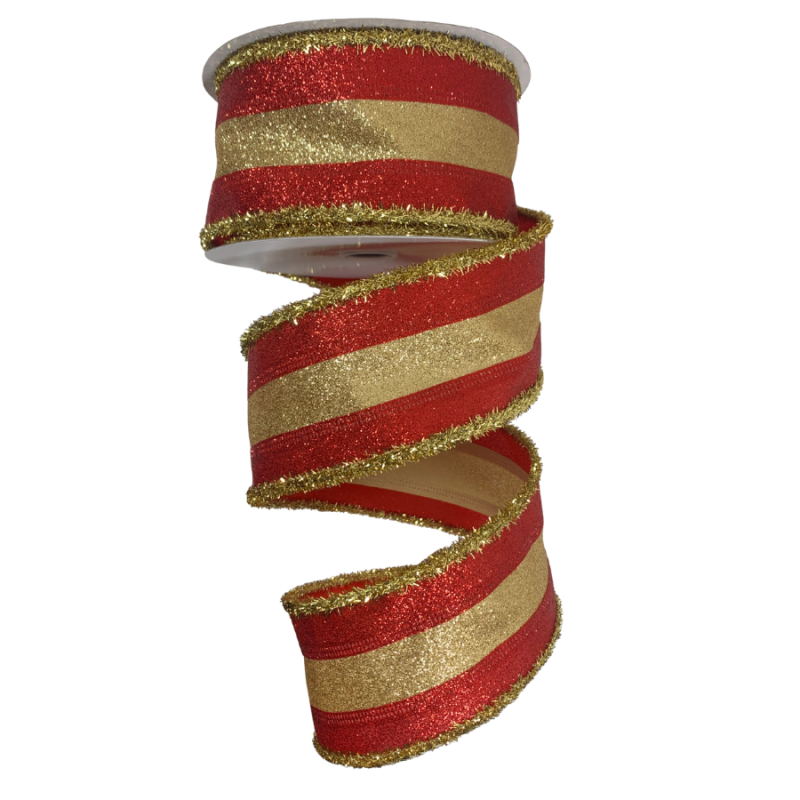 2.5" x 10yd Red and Gold Stripe w/ Tinsel Edge Ribbon