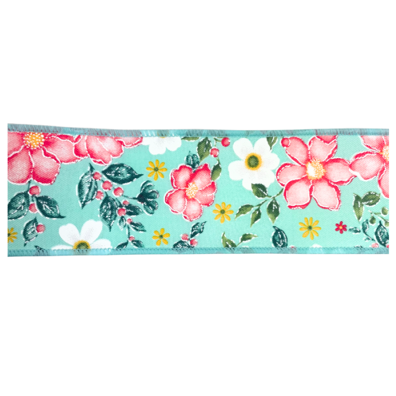 2.5" x 10yd Florals on Light Blue Ribbon