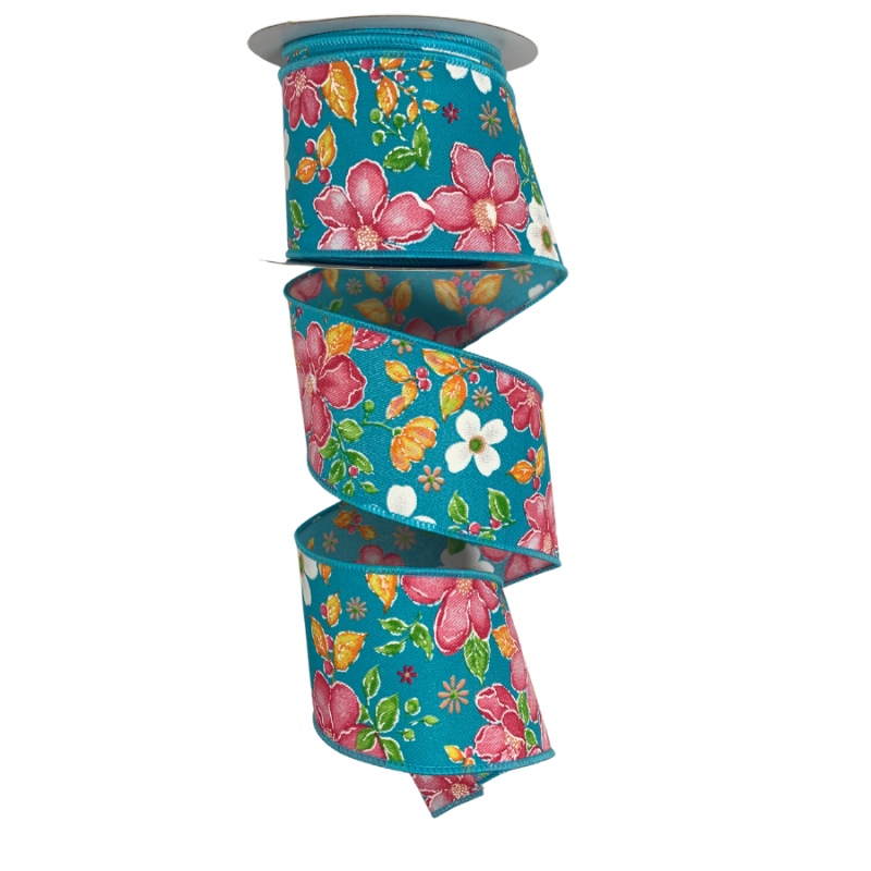 2.5" x 10yd Florals on Blue Ribbon