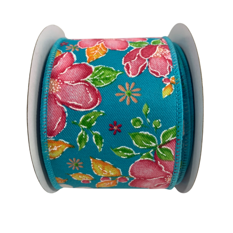 2.5" x 10yd Florals on Blue Ribbon