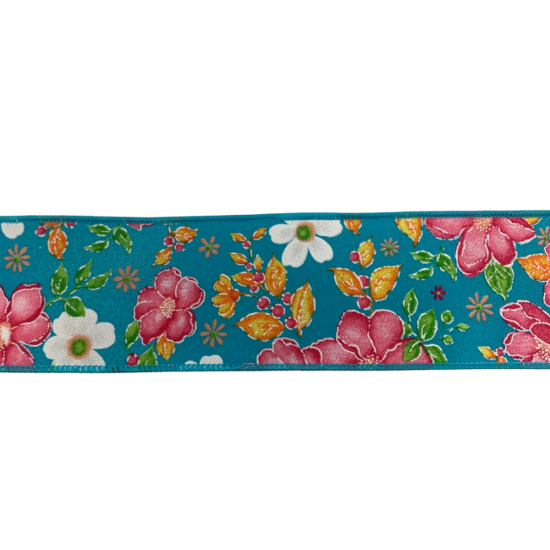 2.5" x 10yd Florals on Blue Ribbon
