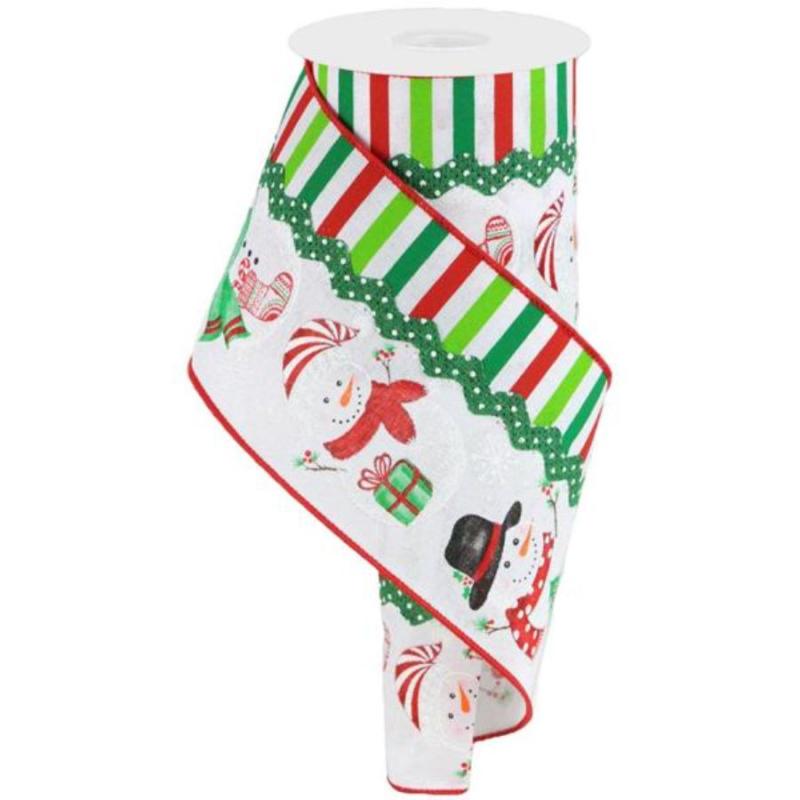 4"x10yd 2 in 1 Snowmen & Red/Grns Stripes Ribbon