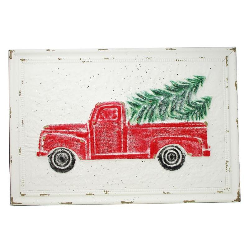 Red Vintage Truck Christmas Tree Metal Sign Signs Wall Art