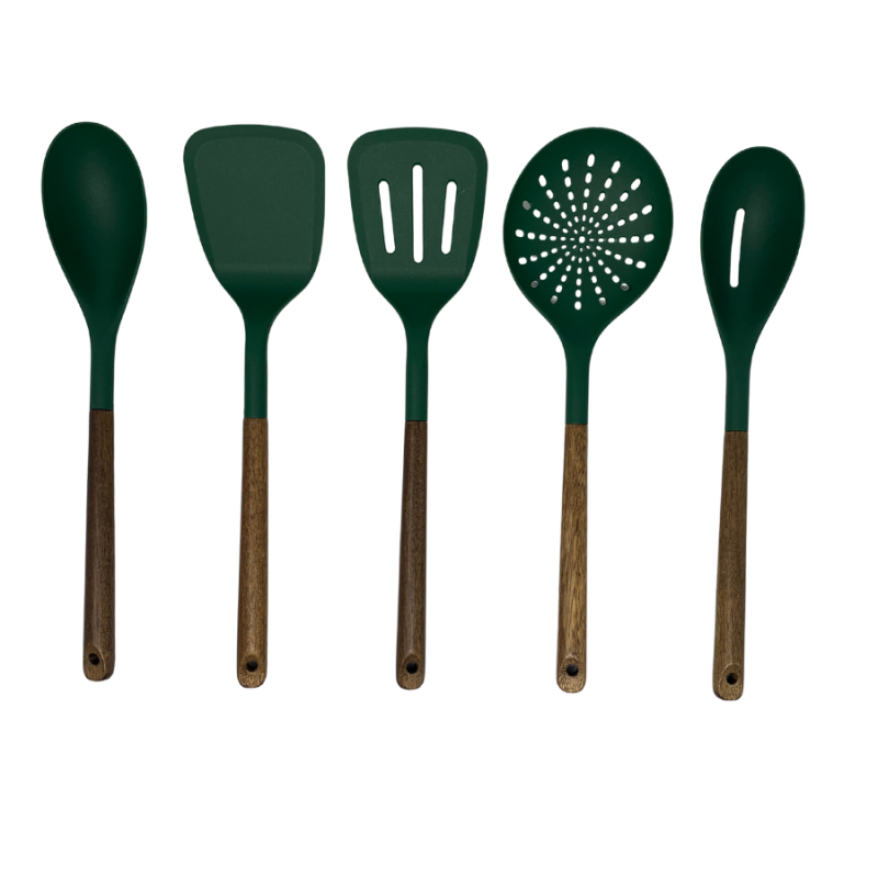 5PC Sharp Chef Acacia & Nylon Kitchen Utensils - Green