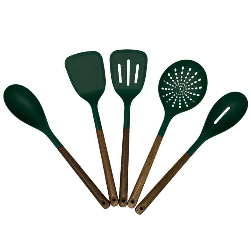 5PC Sharp Chef Acacia & Nylon Kitchen Utensils - Green