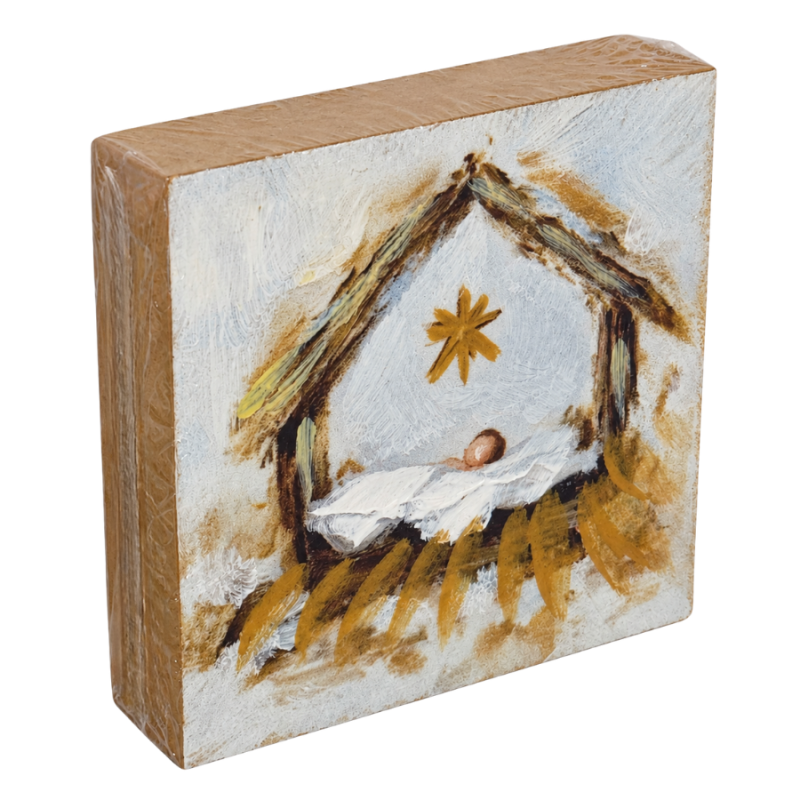 4" Shining Baby in Manger Wood Block