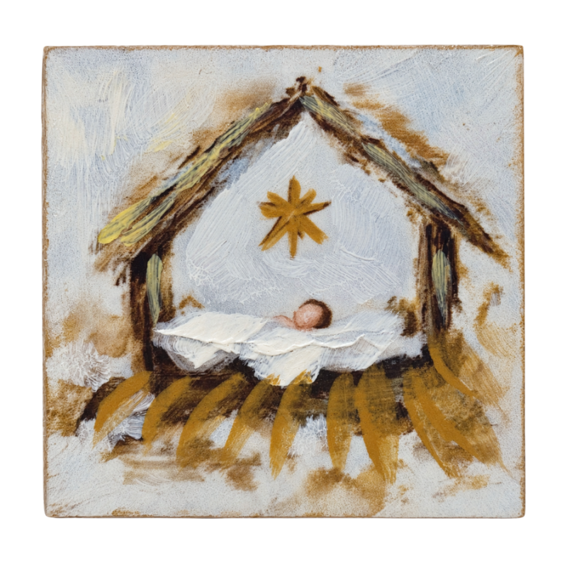 4" Shining Baby in Manger Wood Block