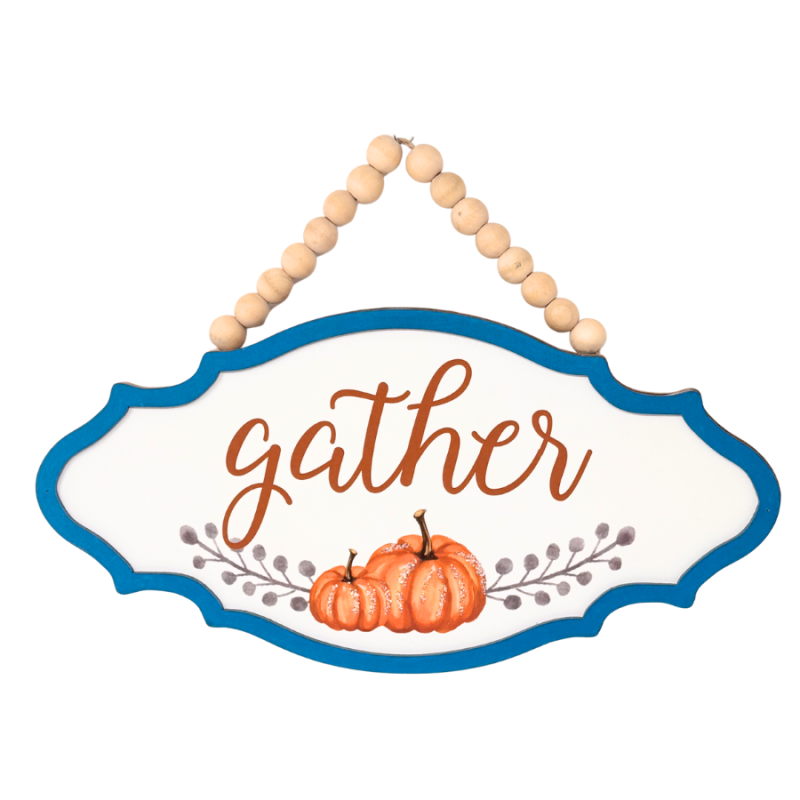 8.5" Wood Gather Hanging Sign w/ Glitter Pumpkins