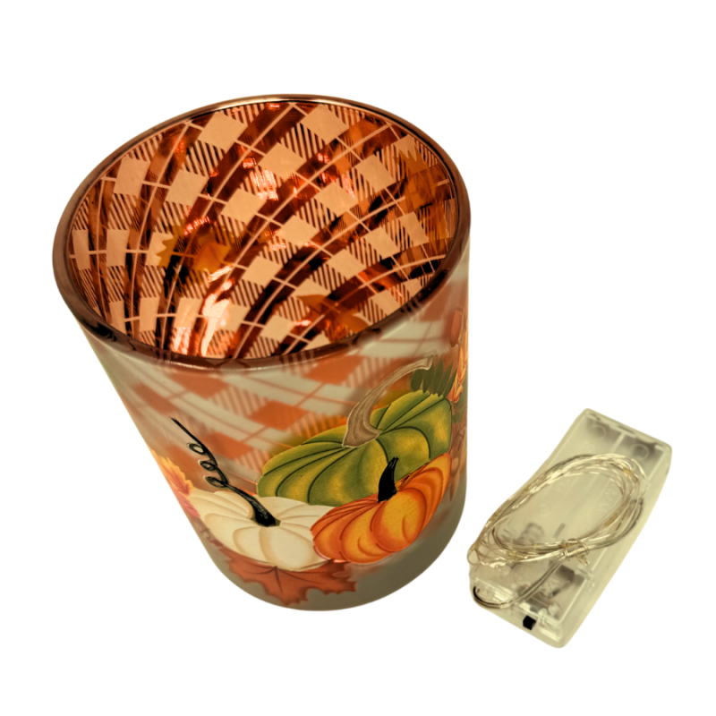 5" Plaid Pumpkin Vase w/ String Lights