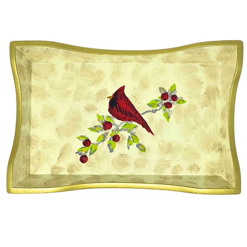 8" Hand Painted Wood Cardinal Trinket Tray