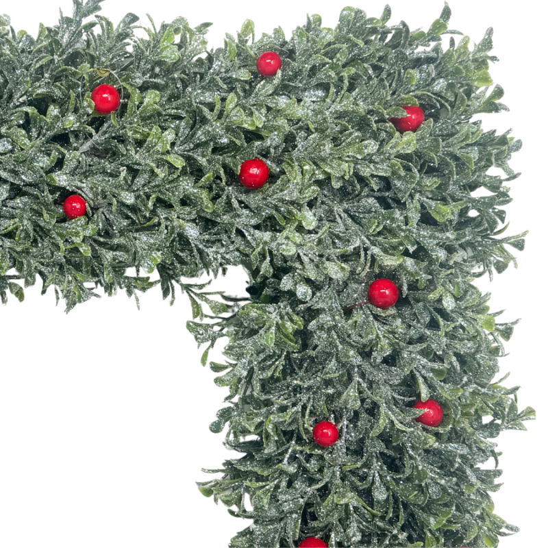 17" Square Frosted Boxwood Wreath w/ Berries