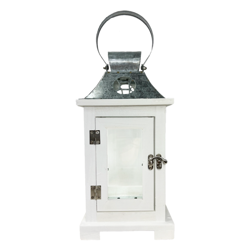 18.5" Wood Lantern W/ Galvanized Top- White