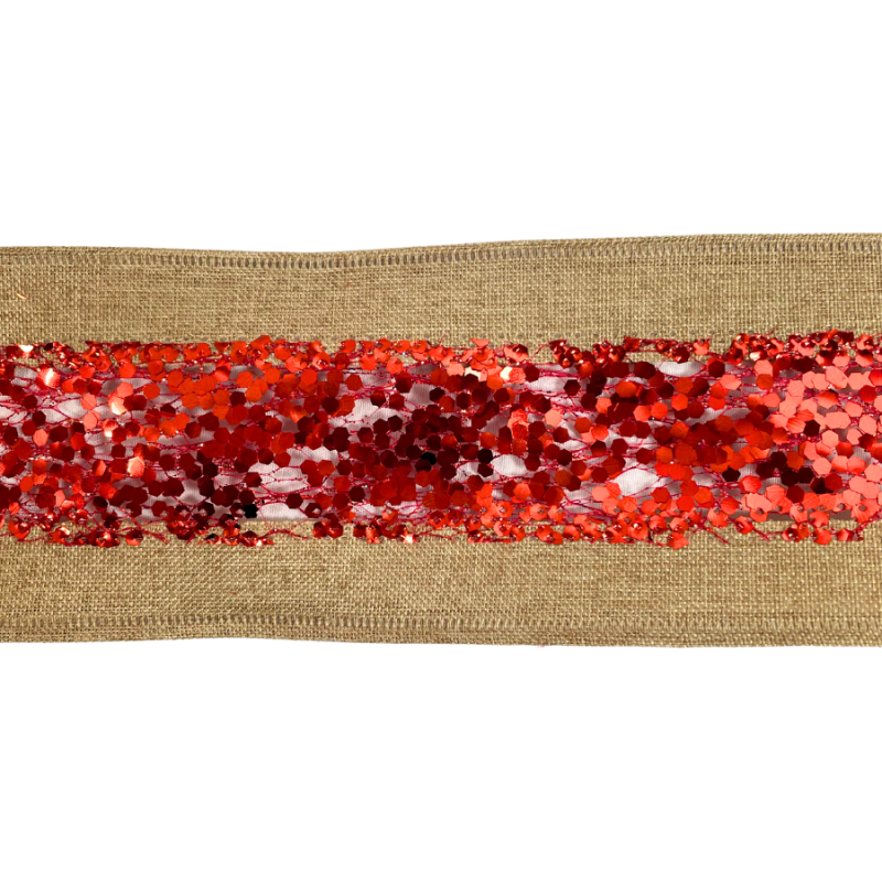 2.5" x 10yd Metallic Striped Natural/ Red Ribbon