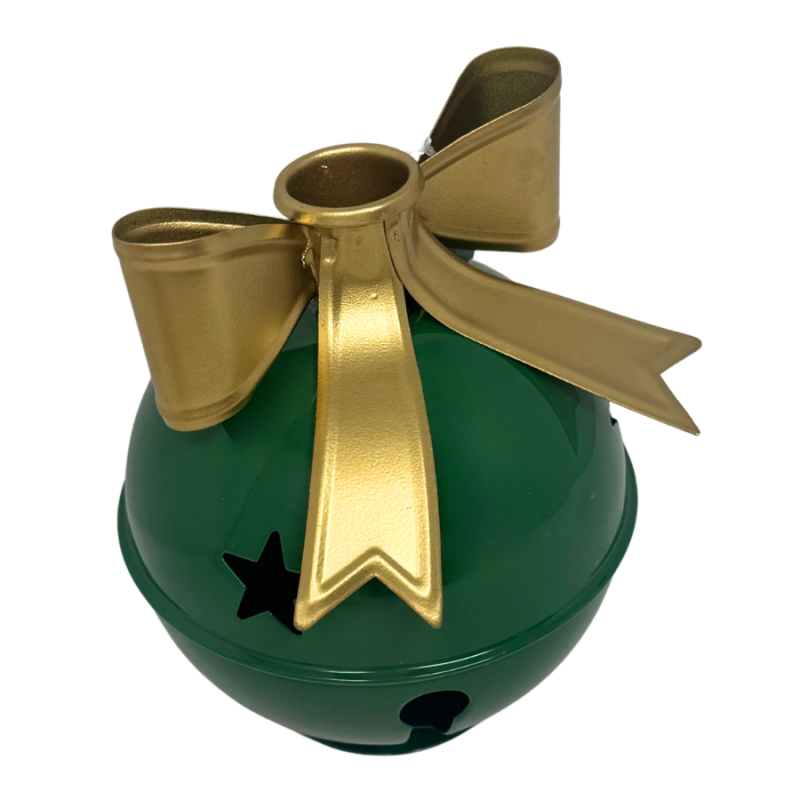 6.5" Jingle Bell Candle Holder- Green