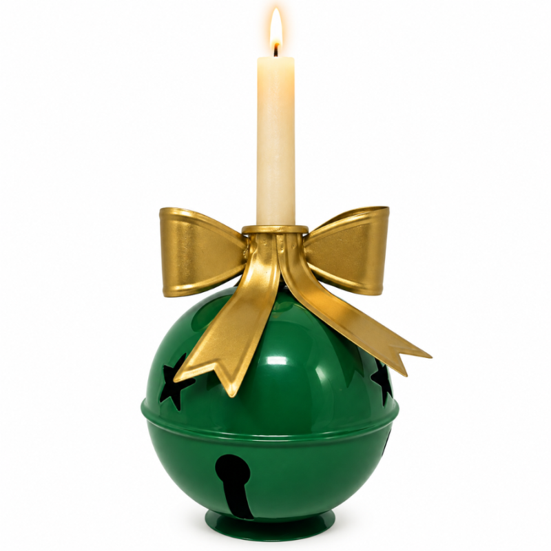 6.5" Jingle Bell Candle Holder- Green