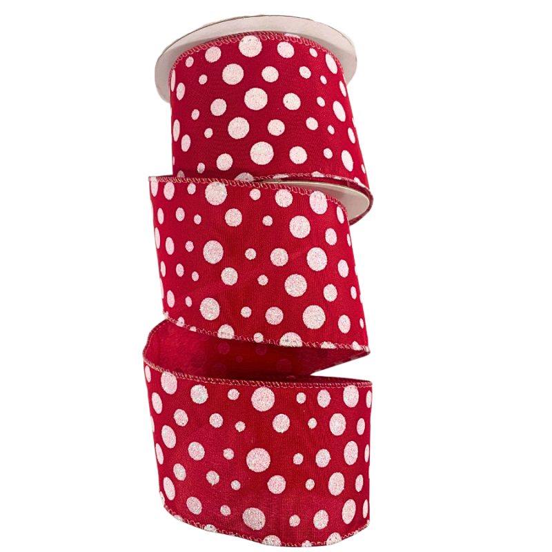 2.5" x 10yd Red w/ White Glitter Polka Dots Ribbon