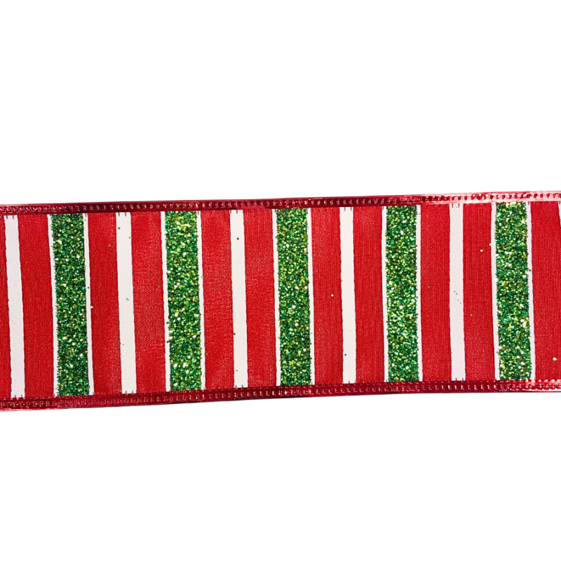 2.5" x 10yd White, Red & Green Glitter Stripe Ribbon