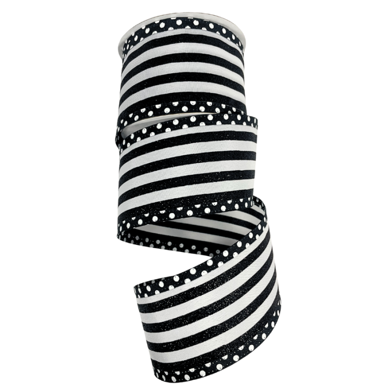 2.5" x 10yd White & Black Glitter Stripe Ribbon