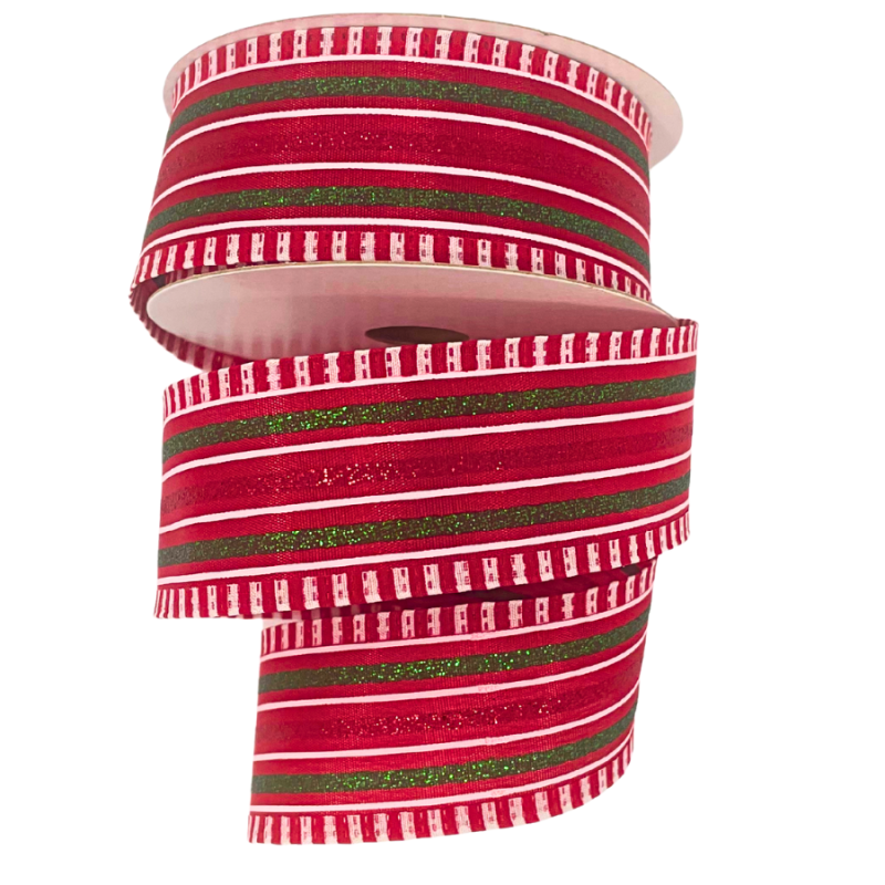 1.5" x 10yd Green/White/Red Stiped Ribbon