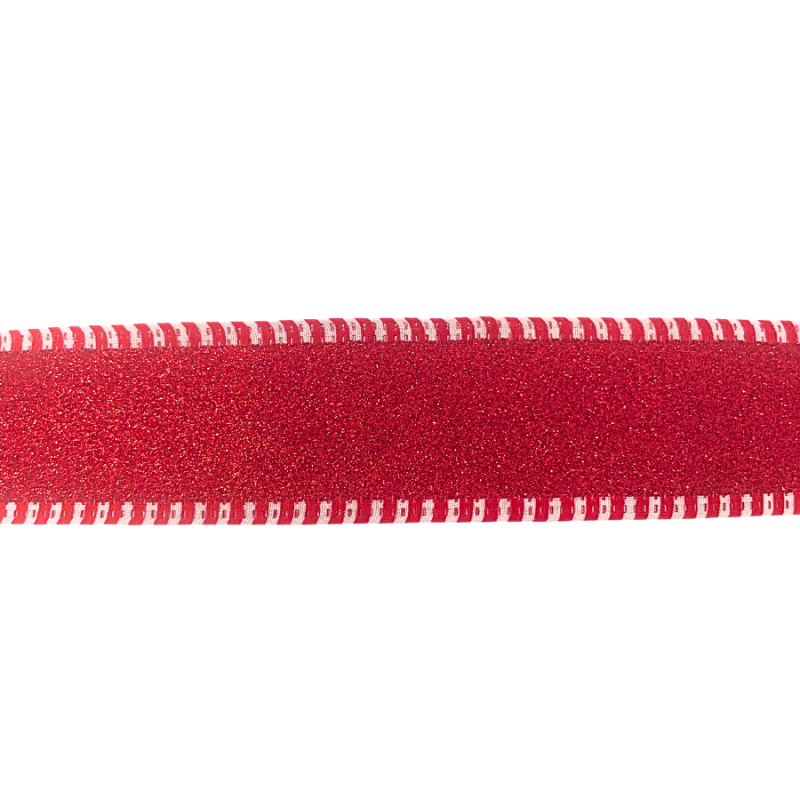 1.5" x 10yd Red Glitter Ribbon w/ Gingham Stripe Border