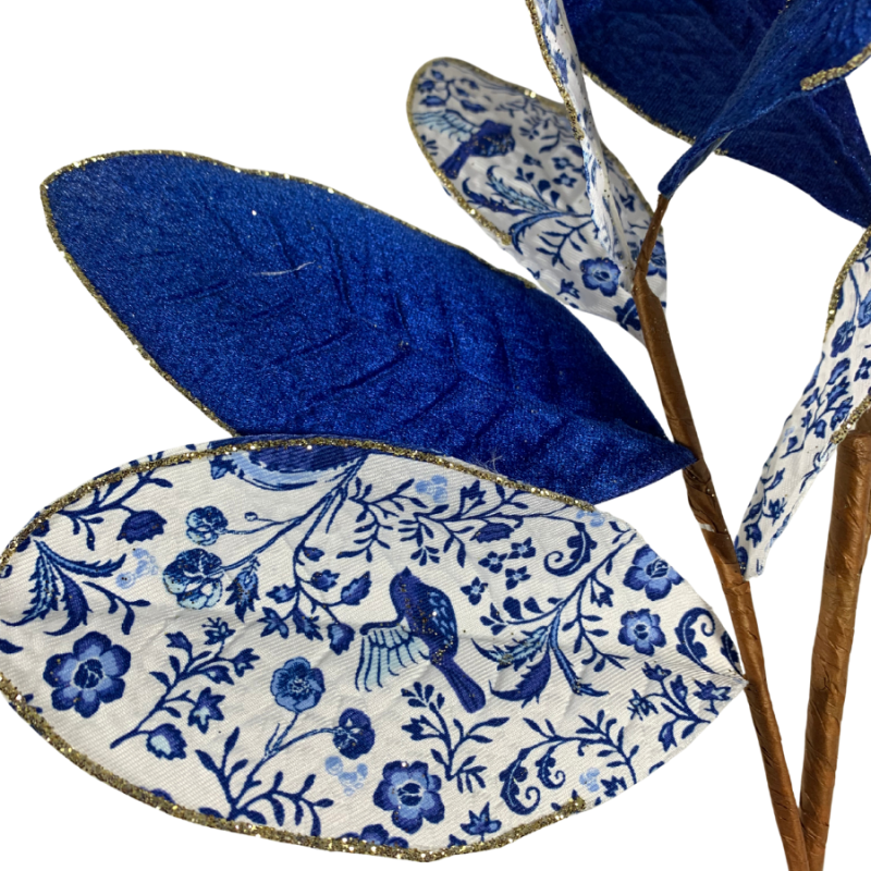 30" Blue and White Chinoiserie Leaf Spray