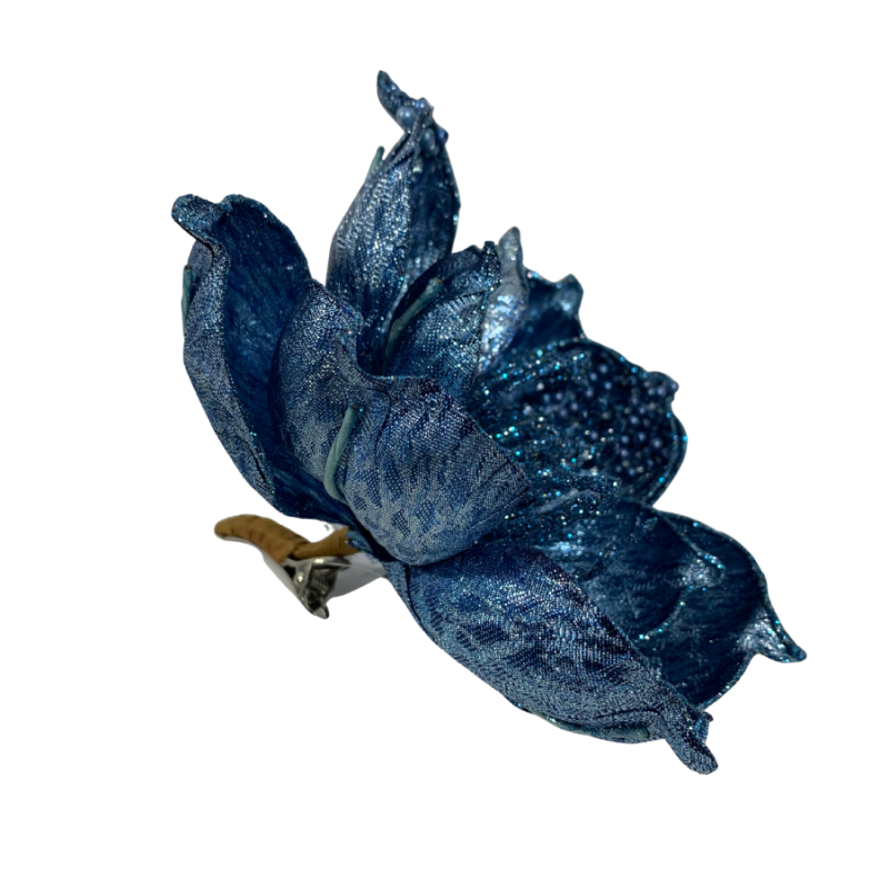8" Blue Metallic Magnolia Clip Ornament
