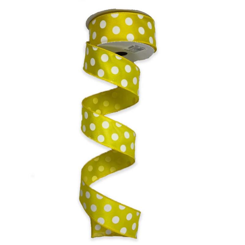 1.5" x 10yd Yellow w/White Polka Dot Satin Ribbon