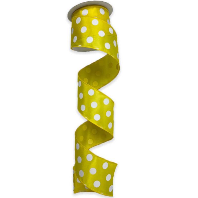 2.5" x 10yd Yellow w/White Polka Dot Satin Ribbon