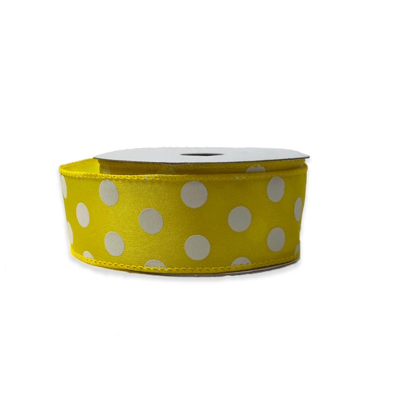 1.5" x 10yd Yellow w/White Polka Dot Satin Ribbon