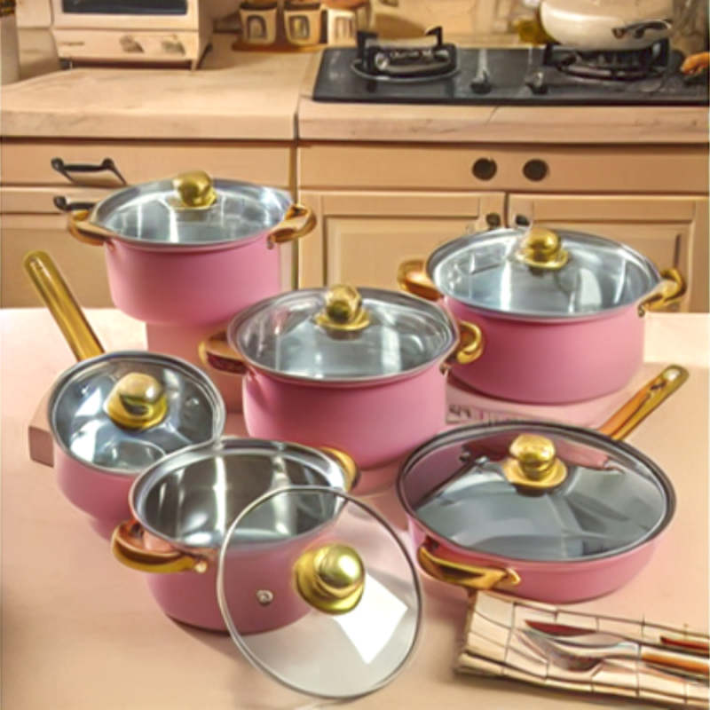 12pc Stainless Steel Cookware Set - Pink