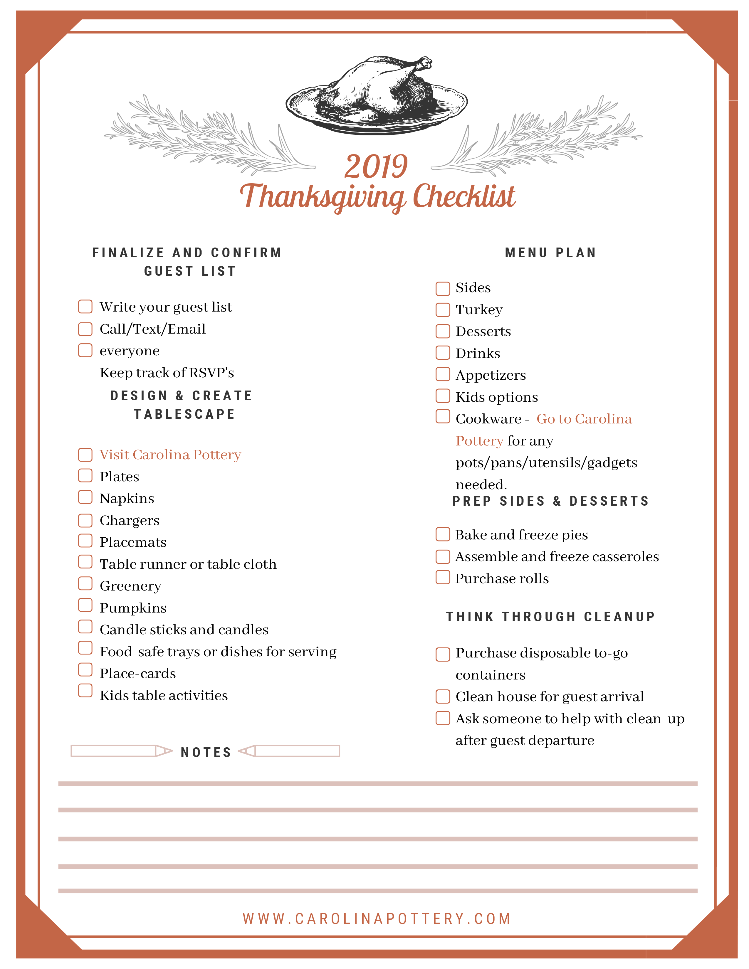 Thanksgiving Checklist Printable | Carolina Pottery